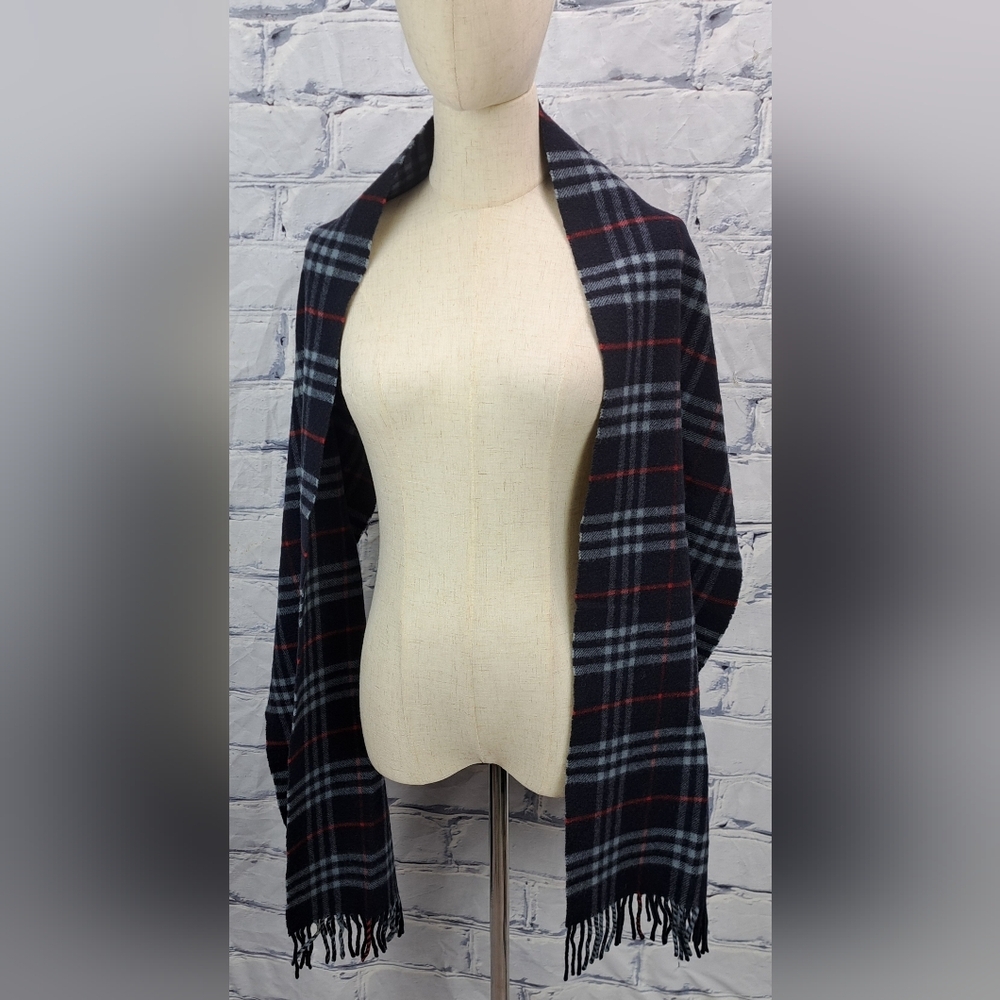 Burberry Vintage Scarf Nova Check 100% Cashmere Wool Scotland Navy Y2K 72" x 12" - Picture 6 of 13